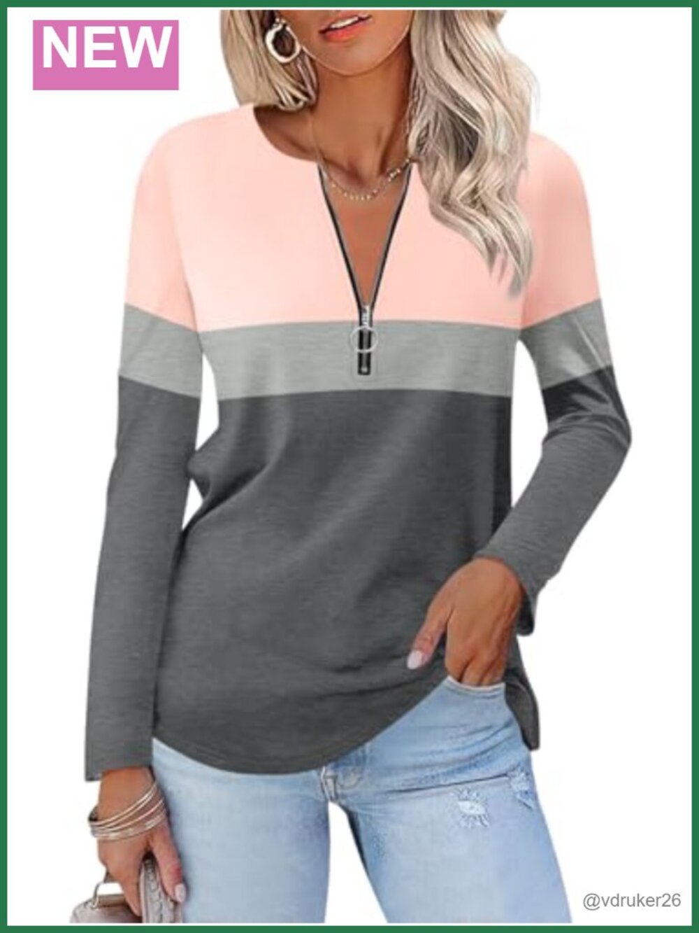 Women's Long Sleeve Zip Up Tunic Top V Neck Color Block Fall Shirt